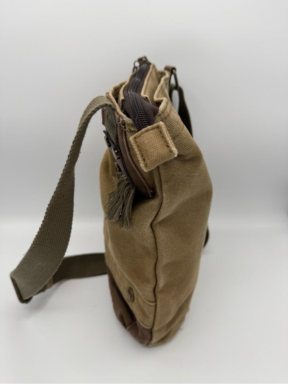 Chala Patch Embellished Canvas Crossbody Messenger Bag- Olive Green Tan Brown - Picture 2 of 11
